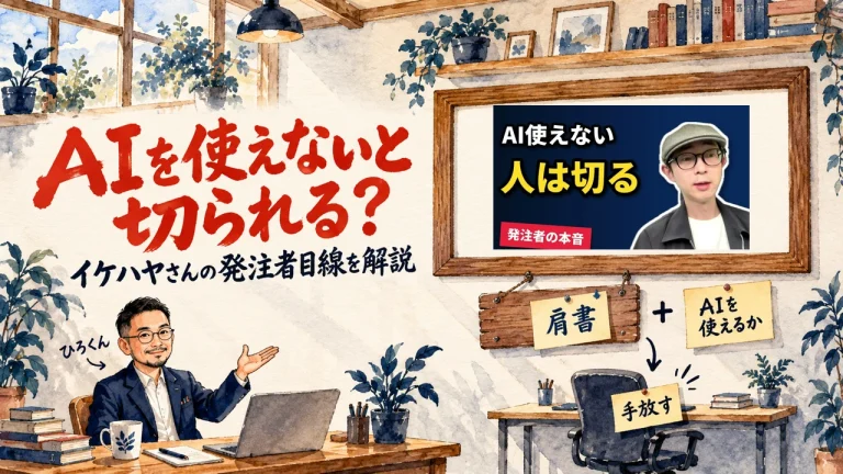 AIを使えないフリーランスは切られるのかを、発注者の目線から考える記事のアイキャッチ。ひろくんが紹介する書斎の水彩イラストで、壁の額に入った動画のサムネイルが描かれている。動画のサムネイル