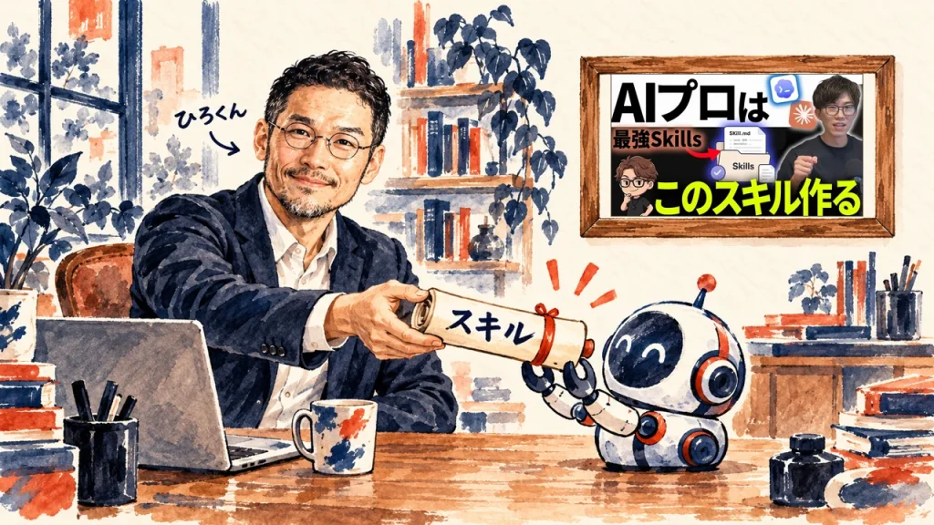 ひろくんが、巻物のスキルを小さなロボットのアシスタントに渡している水彩の場面。壁に動画のサムネイル