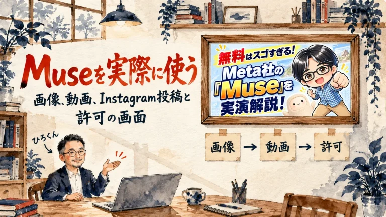 アイキャッチ。題字と、ひろくんが話す書斎の水彩イラスト。壁の額に入った、じゅりん│AIビジネス活用塾の動画のサムネイル