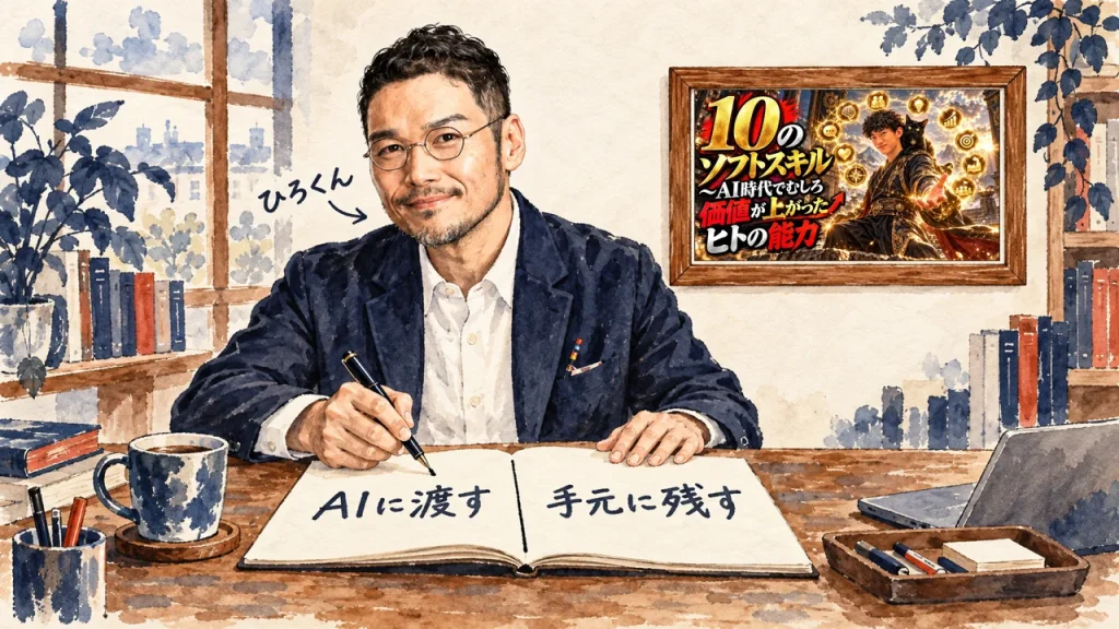 ひろくんが、ノートの真ん中に線を引いて、AIに渡す物と手元に残す物を分けている水彩の場面。壁に動画のサムネイル