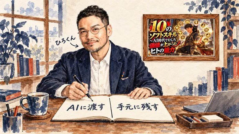 ひろくんが、ノートの真ん中に線を引いて、AIに渡す物と手元に残す物を分けている水彩の場面。壁に動画のサムネイル