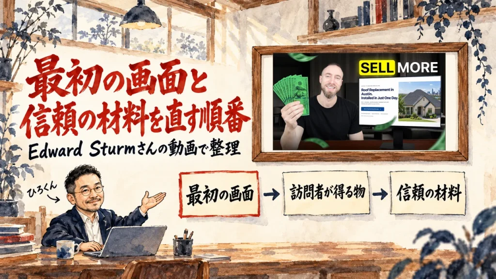 最初の画面と信頼の材料を直す順番、の筆文字の題字の下で、ひろくんが、最初の画面、訪問者が得る物、信頼の材料の三つの付箋を紹介している水彩の場面。壁に動画のサムネイル