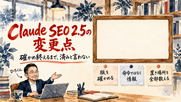 Claude SEO 2.5の変更点を整理した記事のアイキャッチ。ひろくんが紹介する書斎の水彩イラストで、壁の額に入った動画のサムネイルと、版を確かめる、命令ではなく情報、置き場所を全部数える、の三枚の付箋が描かれている。動画のサムネイル