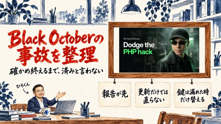 Black Octoberの事故を整理した記事のアイキャッチ。ひろくんが紹介する書斎の水彩イラストで、壁の額に入った動画のサムネイルと、報告が先、更新だけでは直らない、鍵は漏れた時だけ替える、の三枚の付箋が描かれている。動画のサムネイル