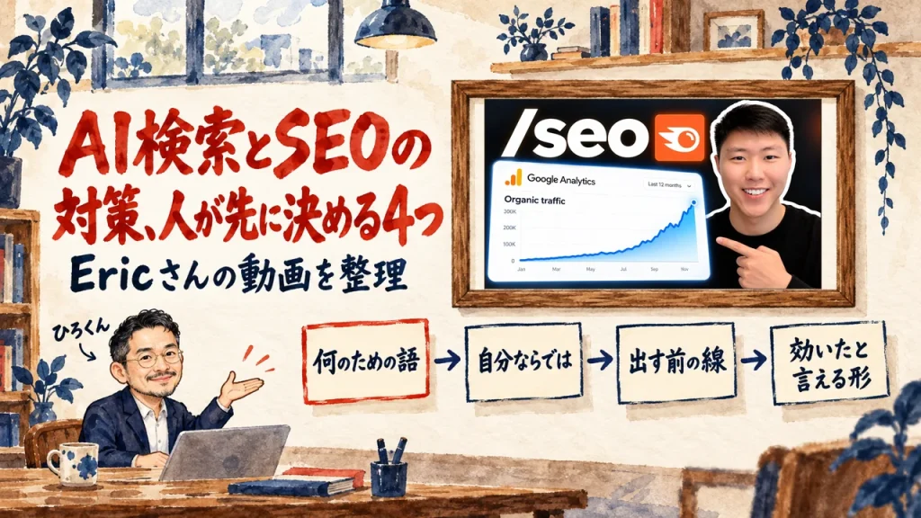 AI検索とSEOの対策、人が先に決める4つ、の筆文字の題字の下で、ひろくんが、何のための語、自分ならでは、出す前の線、効いたと言える形の四つの付箋を紹介している水彩の場面。壁に動画のサムネイル