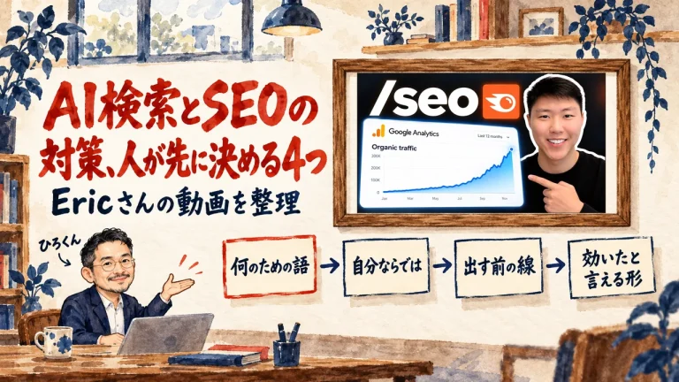 AI検索とSEOの対策、人が先に決める4つ、の筆文字の題字の下で、ひろくんが、何のための語、自分ならでは、出す前の線、効いたと言える形の四つの付箋を紹介している水彩の場面。壁に動画のサムネイル