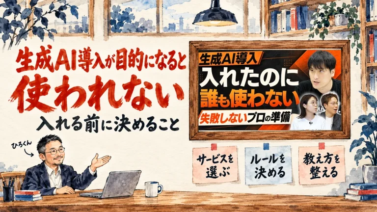 アイキャッチ。題字と、ひろくんが話す書斎の水彩イラスト。壁の額に入った、大塚商会の動画のサムネイル