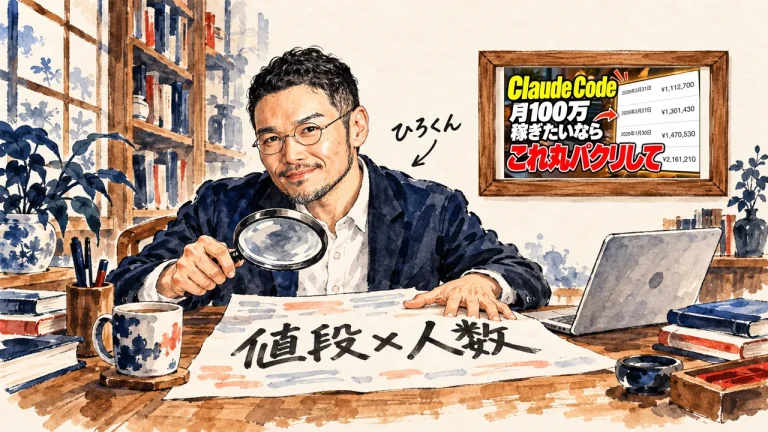 ひろくんが、虫眼鏡で「値段×人数」と書いたメモをのぞき込んで確かめている水彩の場面。壁の額に動画のサムネイル