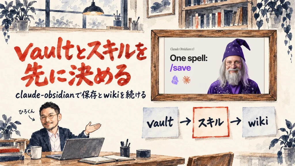 vaultとスキルを先に決める、の筆文字の題字の下で、ひろくんが、vault、スキル、wikiの三つの付箋を紹介している水彩の場面。壁に動画のサムネイル