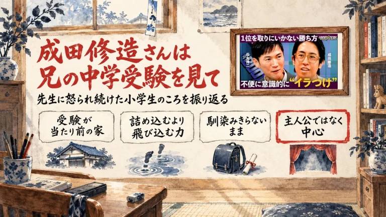 成田修造さんは兄の中学受験を見て、先生に怒られ続けた小学生のころを振り返る、4つの話を並べた全体図と、壁に動画のサムネイル