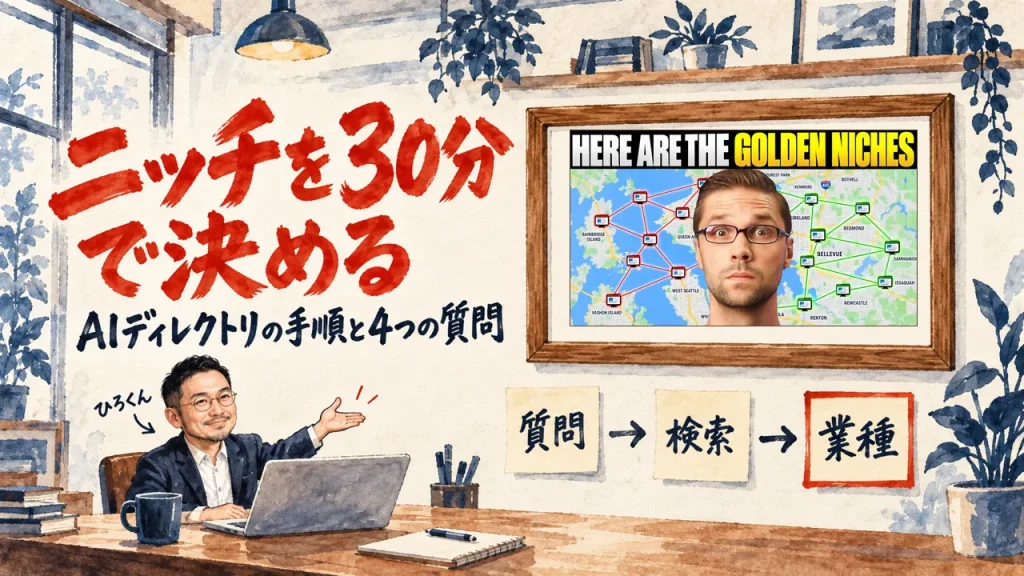 ニッチを30分で決める、の筆文字の題字の下で、ひろくんが、質問、検索、業種の三つの付箋を紹介している水彩の場面。壁に動画のサムネイル