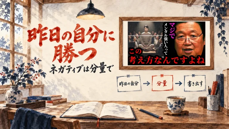 昨日の自分に勝つ、の筆文字の題字の下に、昨日の自分、分量、書き出す、の三つの付箋が並ぶ書斎の水彩の場面。壁に動画のサムネイル