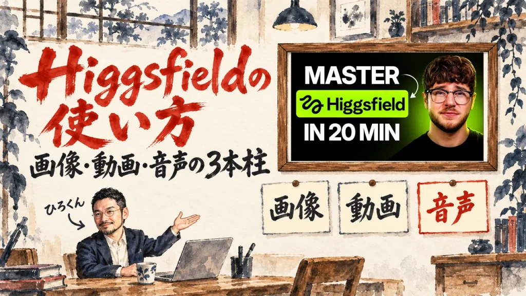 Higgsfieldの使い方、の筆文字の題字の下で、ひろくんが、画像、動画、音声の三つの付箋を紹介している水彩の場面。壁に動画のサムネイル