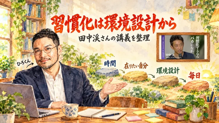 習慣化と環境設計の話を紹介するひろくんと、壁に動画のサムネイル