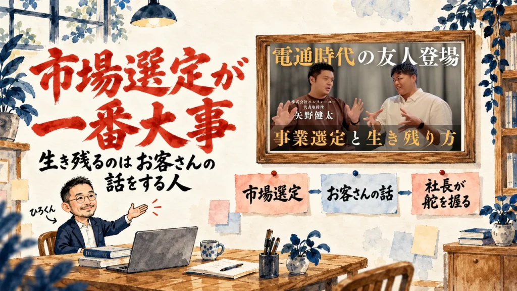 電通の同期の対談から、事業は市場選定で決まると考える。ひろくんが紹介する書斎の水彩イラストで、壁の額に入った動画のサムネイルと、市場選定、お客さんの話、社長が舵を握る、の三枚の付箋が描かれている。動画のサムネイル