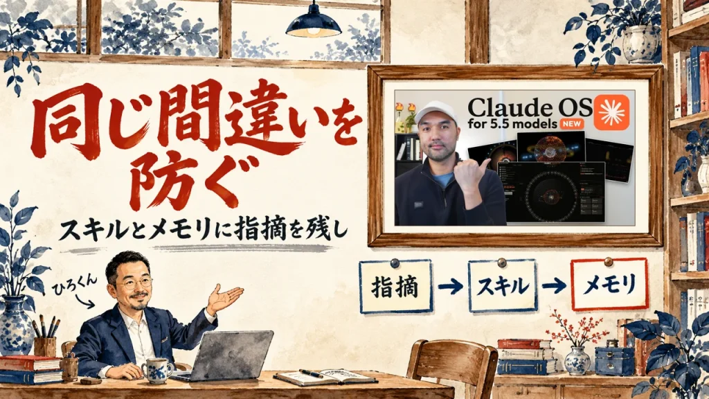 同じ間違いを防ぐ、の筆文字の題字の下で、ひろくんが、指摘、スキル、メモリの三つの付箋を紹介している水彩の場面。壁に動画のサムネイル