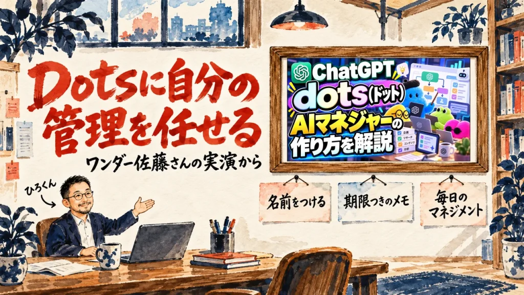ChatGPT Dotsに自分のマネジメントを任せる。ひろくんが紹介する書斎の水彩イラストで、壁の額に入った動画のサムネイルと、AIのキャラクターに名前をつける、期限つきのメモ、毎日のマネジメントの三枚の付箋が描かれている。動画のサムネイル
