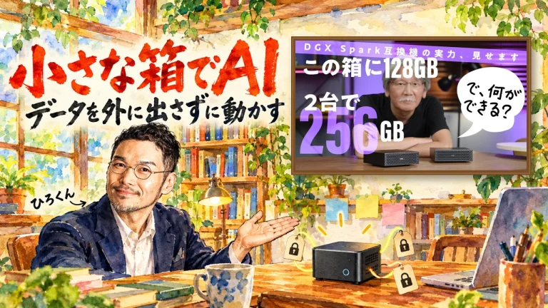 メモリ128GBの小さなAI専用機を紹介するアイキャッチ。ひろくんが書斎で額縁の動画サムネイルを紹介する水彩イラスト。動画のサムネイル