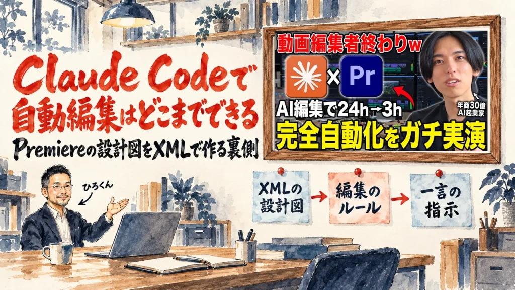 AI動画編集の裏側。ひろくんが紹介する書斎の水彩イラストで、壁の額に入った動画のサムネイルと、XMLの設計図、動画編集のルール、一言の指示の三枚の付箋が描かれている。動画のサムネイル