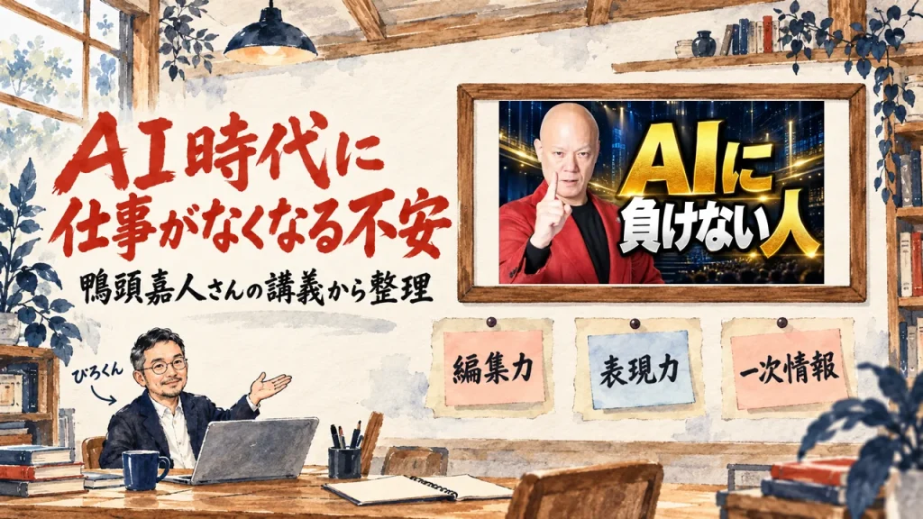 AI時代に仕事がなくなる不安をテーマにしたアイキャッチ。ひろくんが書斎で額縁の動画サムネイルを紹介する水彩イラスト。動画のサムネイル