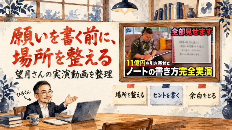 願いをノートに書くコツを紹介するアイキャッチ。ひろくんが書斎で、額縁に入った動画のサムネイルを紹介する水彩イラスト。動画のサムネイル