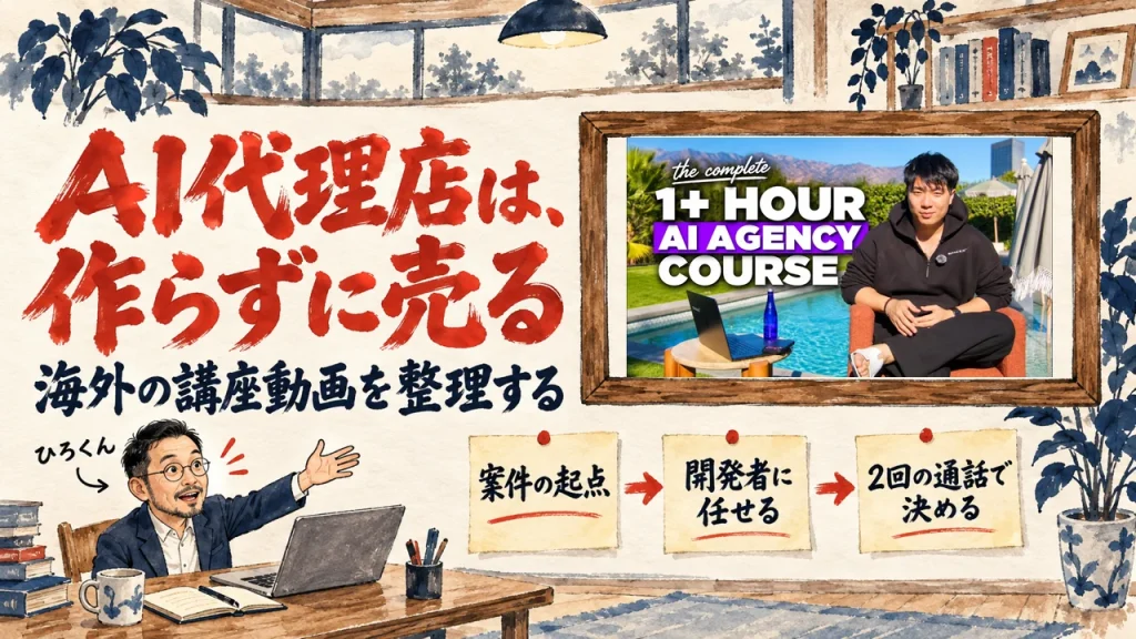 AI代理店は、作らずに売る。海外の講座動画を整理した記事のアイキャッチ。額縁の中は動画のサムネイル