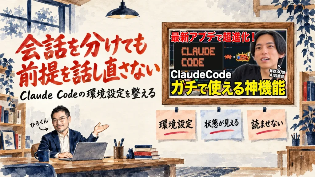 アイキャッチ。ひろくんが、環境設定、状態が見える、読ませない、と書かれた三つの付箋の図を紹介している水彩画。見出しは会話を分けても前提を話し直さない。壁に動画のサムネイル