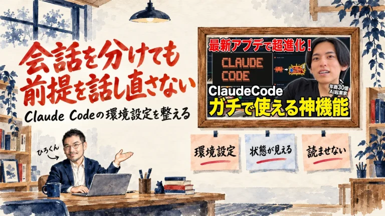 アイキャッチ。ひろくんが、環境設定、状態が見える、読ませない、と書かれた三つの付箋の図を紹介している水彩画。見出しは会話を分けても前提を話し直さない。壁に動画のサムネイル
