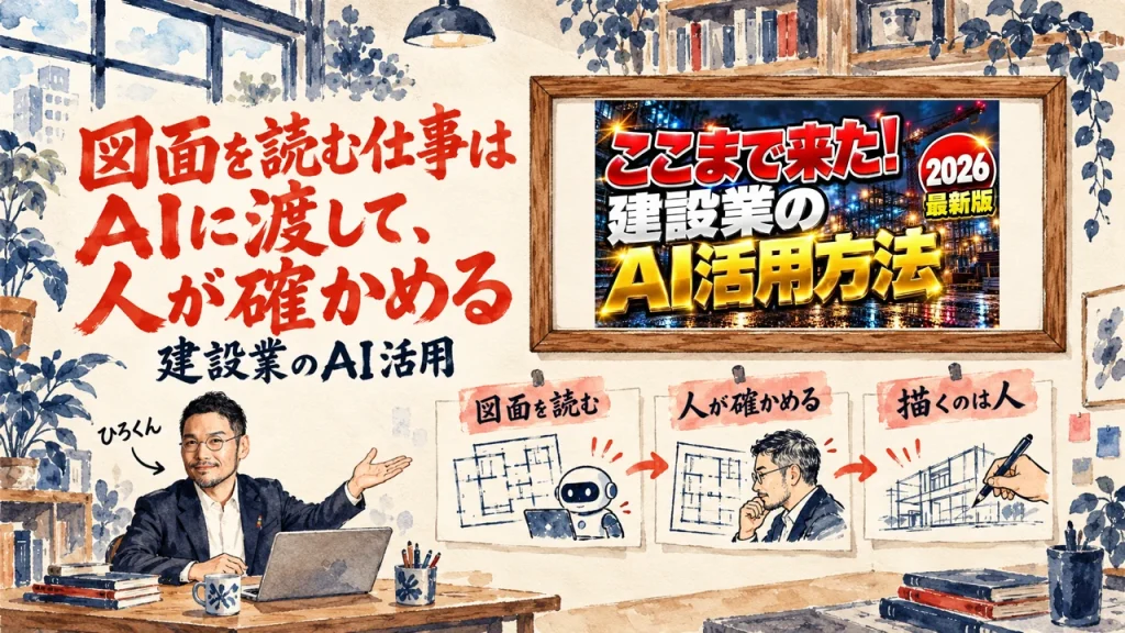 アイキャッチ。ひろくんが、図面を読む、人が確かめる、描くのは人、と書かれた三つの付箋の図を紹介している水彩画。見出しは図面を読む仕事はAIに渡して、人が確かめる。壁に動画のサムネイル