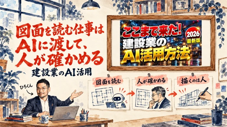 アイキャッチ。ひろくんが、図面を読む、人が確かめる、描くのは人、と書かれた三つの付箋の図を紹介している水彩画。見出しは図面を読む仕事はAIに渡して、人が確かめる。壁に動画のサムネイル
