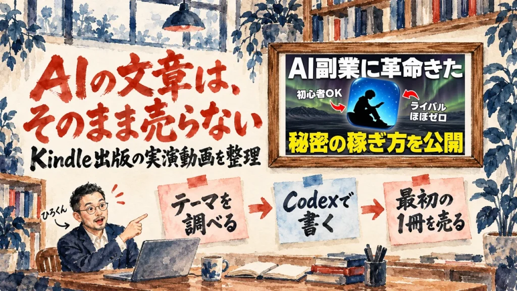 Kindleで電子書籍を出す手順を紹介するアイキャッチ。ひろくんが書斎で、額縁に入った動画のサムネイルを紹介する水彩イラスト。動画のサムネイル