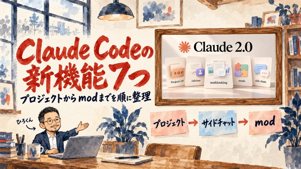 Claude Codeデスクトップアプリの新機能7つを整理した記事のアイキャッチ。額縁の中は動画のサムネイル