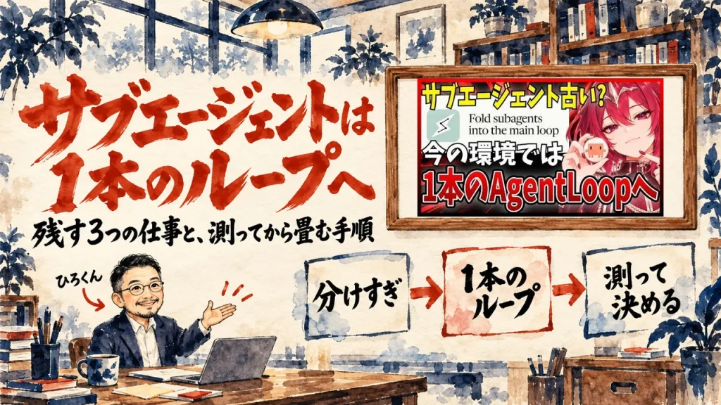アイキャッチ。ひろくんが、題字のサブエージェントは1本のループへと、三つの札の図を紹介する書斎。壁の額縁に動画のサムネイル
