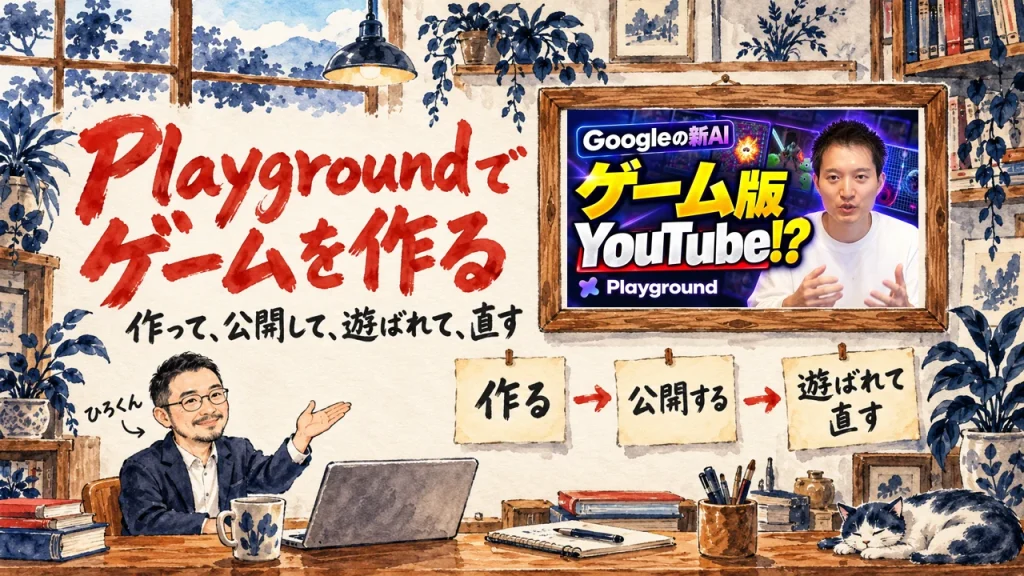 アイキャッチ。ひろくんが、Playgroundでゲームを作って公開する流れを、三つの札の図で紹介する書斎。壁の額縁に動画のサムネイル