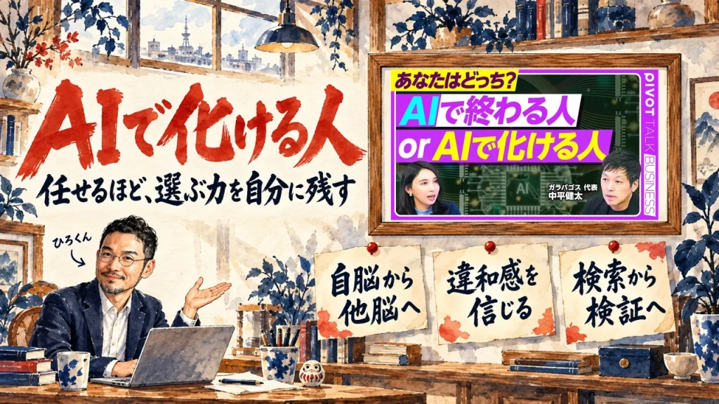 アイキャッチ。ひろくんが、AIに任せるほど選ぶ力を自分に残す考え方を、三つの札の図で紹介する書斎。壁の額縁に動画のサムネイル