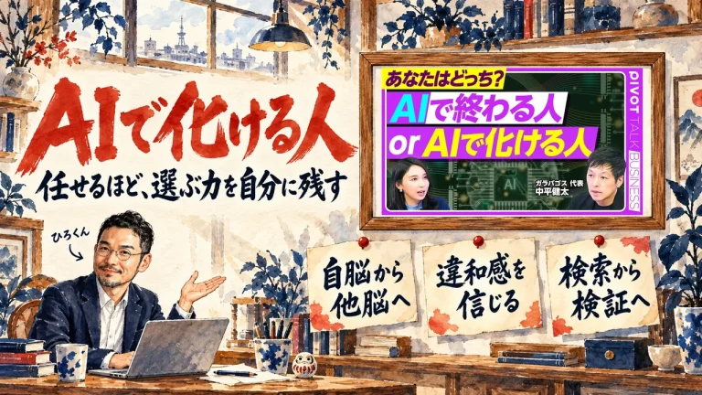 アイキャッチ。ひろくんが、AIに任せるほど選ぶ力を自分に残す考え方を、三つの札の図で紹介する書斎。壁の額縁に動画のサムネイル