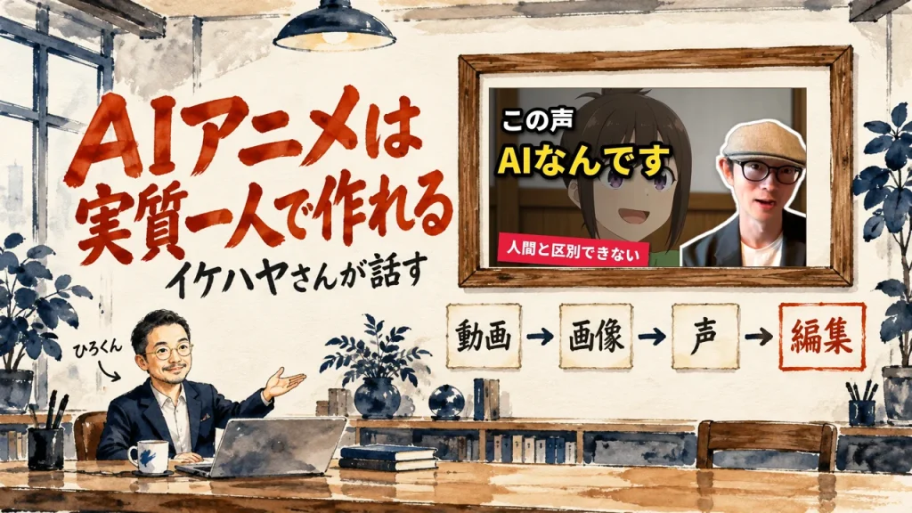 AIアニメは実質一人で作れる、の筆文字の題字の下で、ひろくんが、動画、画像、声、編集の四つの付箋を紹介している水彩の場面。壁に動画のサムネイル