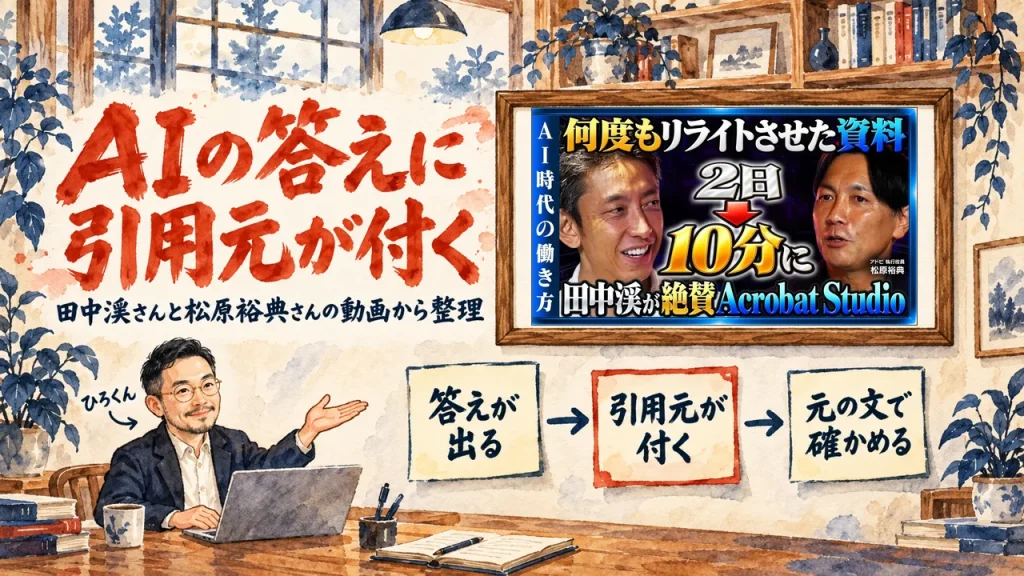 AIの答えに引用元が付く、の筆文字の題字の下で、ひろくんが、答えが出る、引用元が付く、元の文で確かめる、の三つの付箋を紹介している水彩の場面。壁に動画のサムネイル