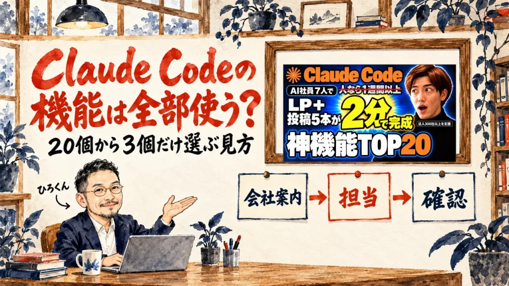 Claude Codeの機能は全部使う？の筆文字の題字の下で、ひろくんが、会社案内、担当、確認の三つの付箋を紹介している水彩の場面。壁に動画のサムネイル