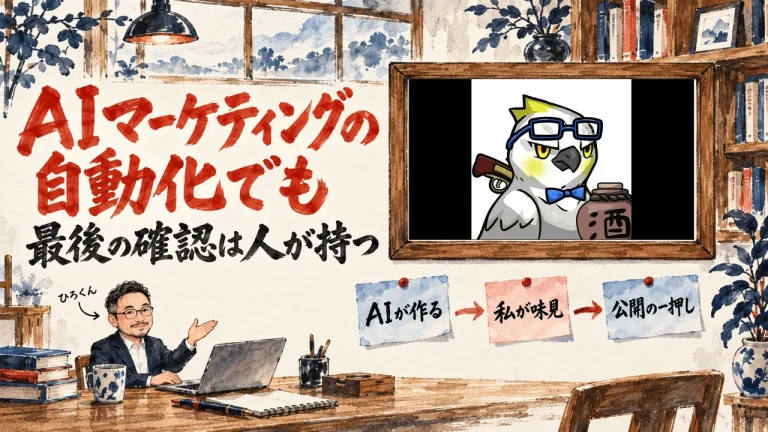 AIマーケティングの自動化でも最後の確認は人が持つ、と題した水彩のアイキャッチ。机でノートPCを開くひろくんと、壁に掛けた額縁の中のイケハヤさんの音声配信の動画のサムネイル