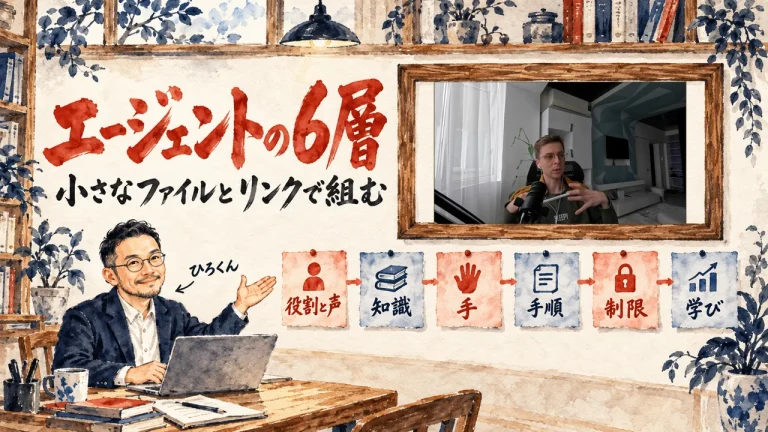 アイキャッチ。ひろくんが、6つの層の図を紹介する書斎。壁の額縁に動画のサムネイル