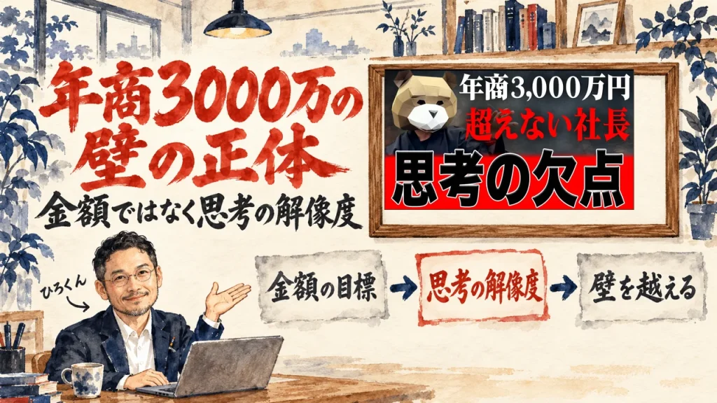 年商3000万の壁の正体、の筆文字の題字の下で、ひろくんが、金額の目標、思考の解像度、壁を越える、の三つの付箋を紹介している水彩の場面。壁に動画のサムネイル