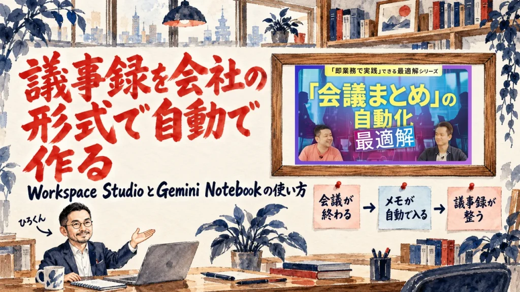 会議が終わると議事録が自動で整う流れを紹介した記事のアイキャッチ。額縁の中は動画のサムネイル