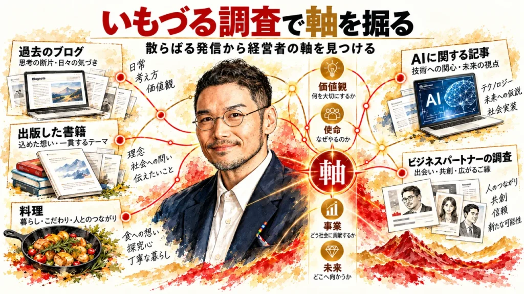 いもづる調査で軸を掘る｜散らばる過去の発信から経営者の軸を見つける図解アイキャッチ
