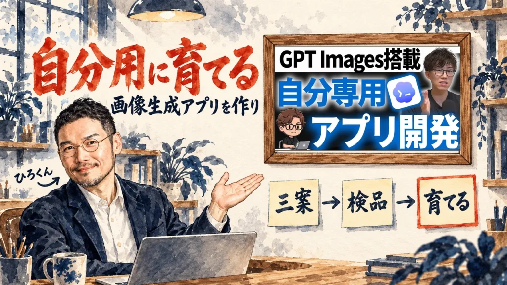 自分用に育てる、の筆文字の題字の下で、ひろくんが、三案、検品、育てるの三つの付箋を紹介している水彩の場面。壁に動画のサムネイル