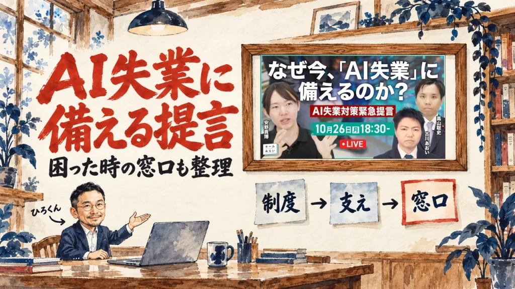 AI失業に備える提言、の筆文字の題字の下で、ひろくんが、制度、支え、窓口の三つの付箋を紹介している水彩の場面。壁に動画のサムネイル