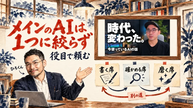 メインのAIは1つに絞らず、役目で頼む、と題した水彩のアイキャッチ。机でノートPCを開くひろくんが、書く席・確かめる席・磨く席の付箋と別の道を紹介している。壁に動画のサムネイル