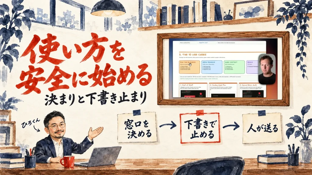 使い方を安全に始める、の筆文字の題字の下で、ひろくんが、窓口を決める、下書きで止める、人が送る、の三つの付箋を紹介している水彩の場面。壁に動画のサムネイル