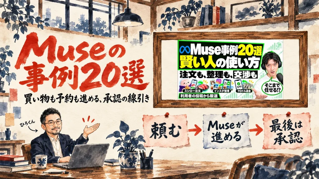 MetaのAI Museの事例20選を紹介した記事のアイキャッチ。額縁の中は動画のサムネイル