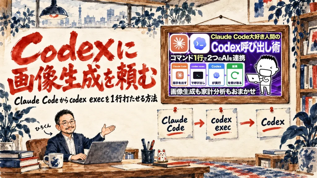 Claude CodeからCodexを呼ぶ流れを紹介した記事のアイキャッチ。額縁の中は動画のサムネイル